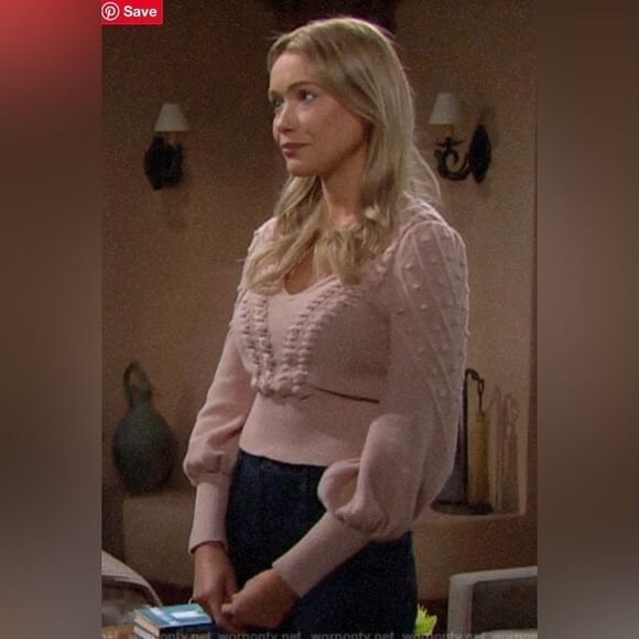 BCBGMaxAzria Bishop Sleeve Cable Knit Textured V-Neck Sweater Open Knit M Blush - Picture 1 of 11